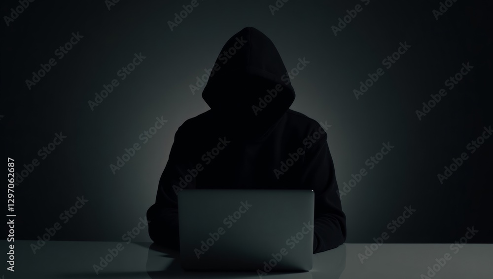 Mysterious hacker at laptop Mysterious hacker at laptop