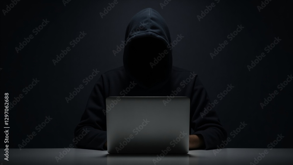 Mysterious hacker at desk with laptop Mysterious hacker at desk with laptop