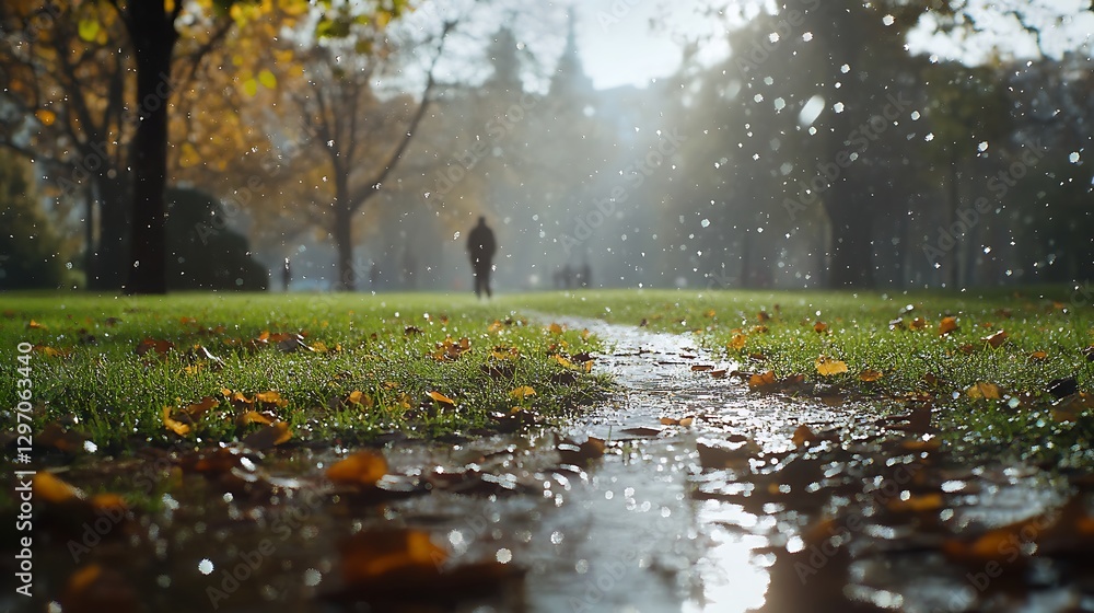 Rainy park landscape with people walking on path high resolution picture Rainy park landscape with people walking on path high resolution picture