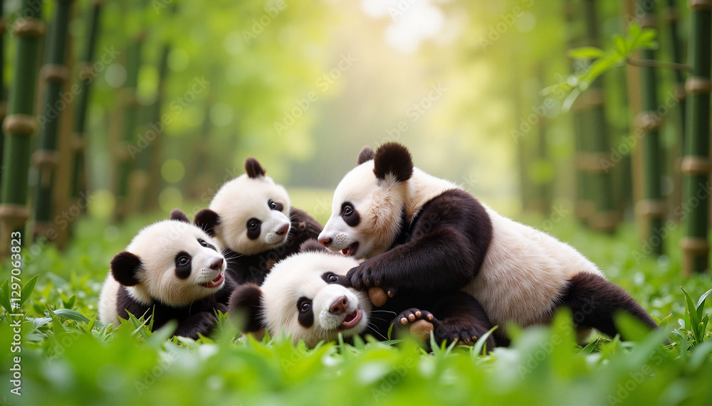 Panda cubs playing in lush bamboo forest Panda cubs playing in lush bamboo forest