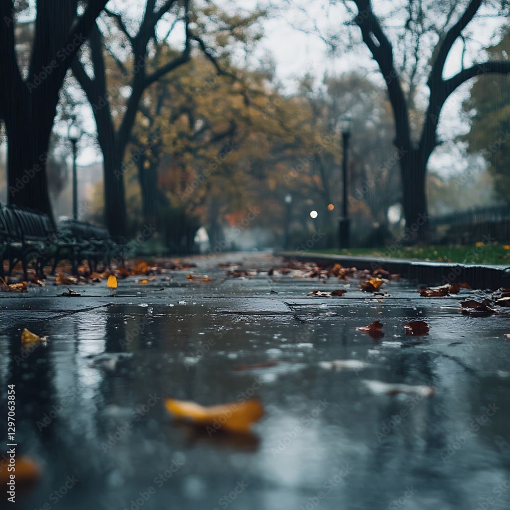 Fototapeta premium Serene rainy day in park with lush greenery high resolution picture