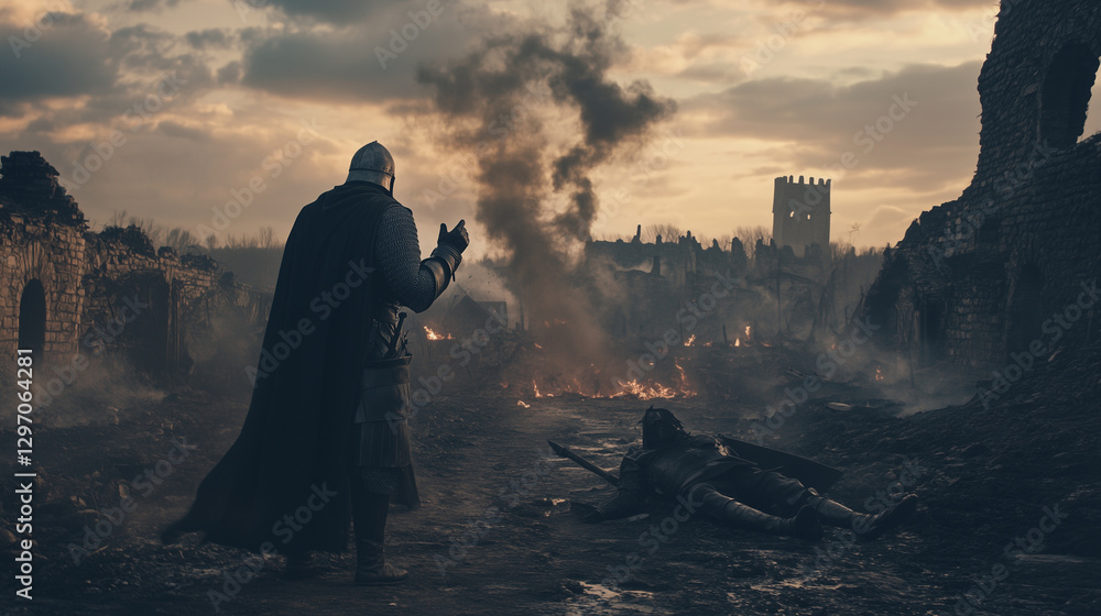Fototapeta premium A knight saluting his fallen comrade, standing among ruins of a burned village