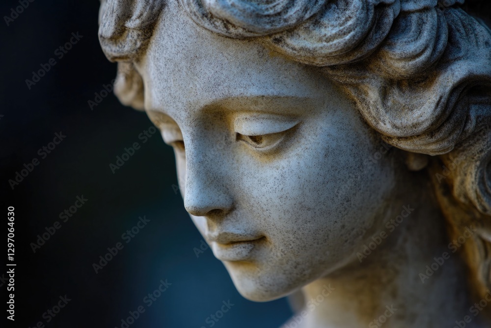 A detailed view of a statue depicting a woman's facial features A detailed view of a statue depicting a woman's facial features