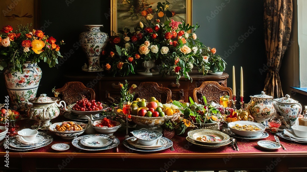 Fototapeta premium Luxurious vintage dining room with elegant floral arrangement and antique china