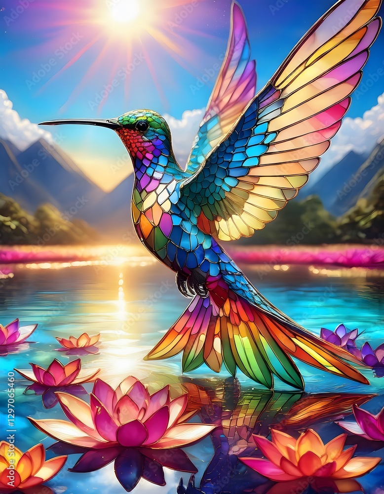 Fototapeta premium Giant stained glass hummingbird hovering over water lilies and rainbow