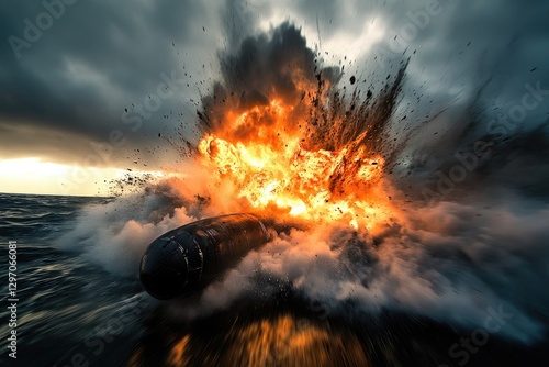 Fototapeta Naklejka Na Ścianę i Meble -  Explosion on a boat in the ocean, chaotic scene with water and debris