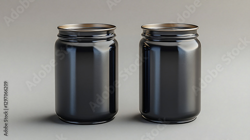 Two black shiny cans on gray background.  Possible use for product catalog or packaging design