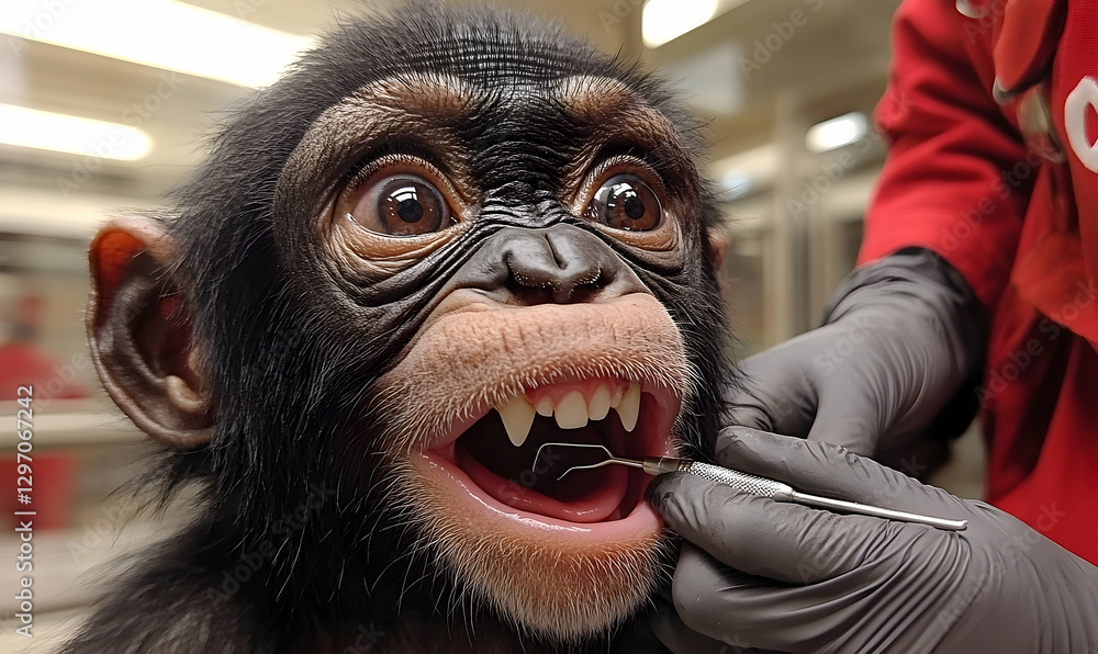 Close-up of a Chimpanzee receiving a careful Dental examination by Vet Close-up of a Chimpanzee receiving a careful Dental examination by Vet