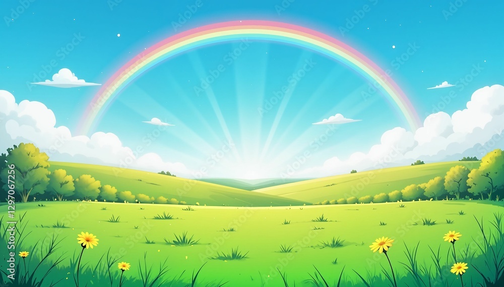 Rainbow over green meadow in sunlight, St. Patrick's Day joy Rainbow over green meadow in sunlight, St. Patrick's Day joy