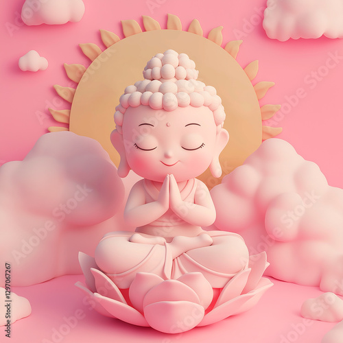 A cute Buddha figure sitting in a lotus position on a pink background, surrounded by soft clouds and a glowing sun, symbolizing peace, spirituality, and harmony