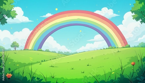 Rainbow over green field on St. Patrick's day, cheerful landscape