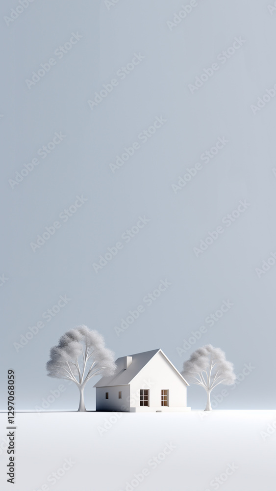 A minimalist winter-themed real estate concept, featuring a house covered in snow with a vertical composition ideal for social media reels. Winter house vertical banner