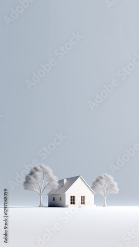 Obraz na płótnie A minimalist winter-themed real estate concept, featuring a house covered in snow with a vertical composition ideal for social media reels. Winter house vertical banner w salonie
