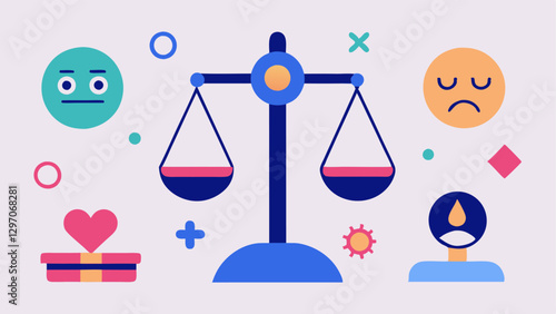Weight Scale An illustration of a scale showing FOMO weighing heavily with anxiety icons and representations of missed events while JOMO has lighter elements such as selfcare items