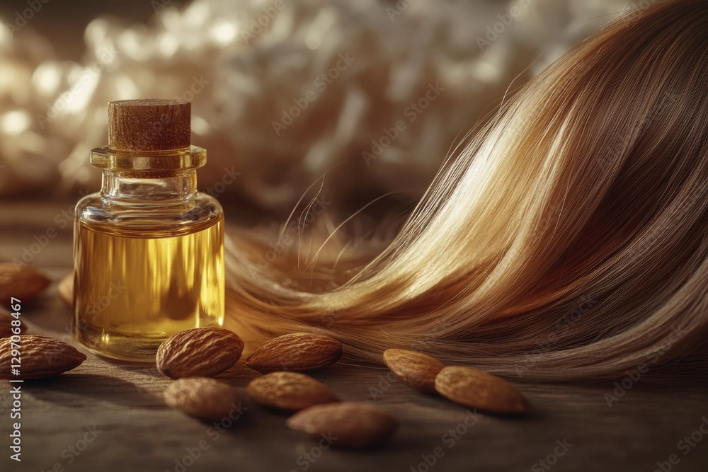 Naklejka premium A bottle of almond oil sits next to a pile of almonds, perfect for cooking or as a natural beauty product