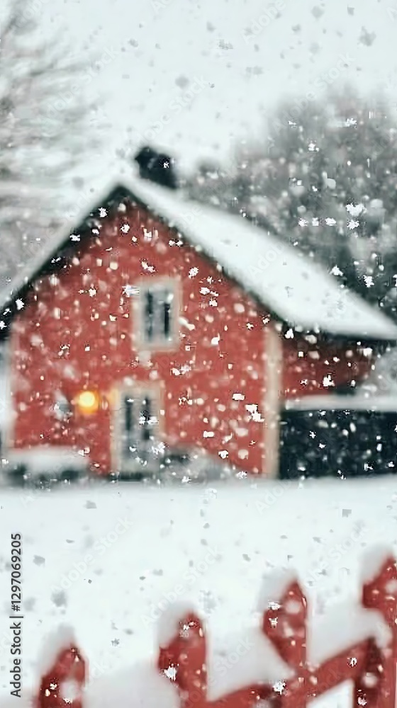 Naklejka premium A Cozy Red House Experiencing Heavy Falling Snowfall During Winter
