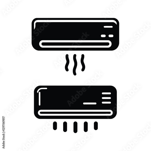 Silhouette Air Conditioner Icon with Cool Airflow. Minimalist AC Unit Vector Symbol. Cooling System HVAC Silhouette Icon. Home Appliance Cooling System Vector Icon