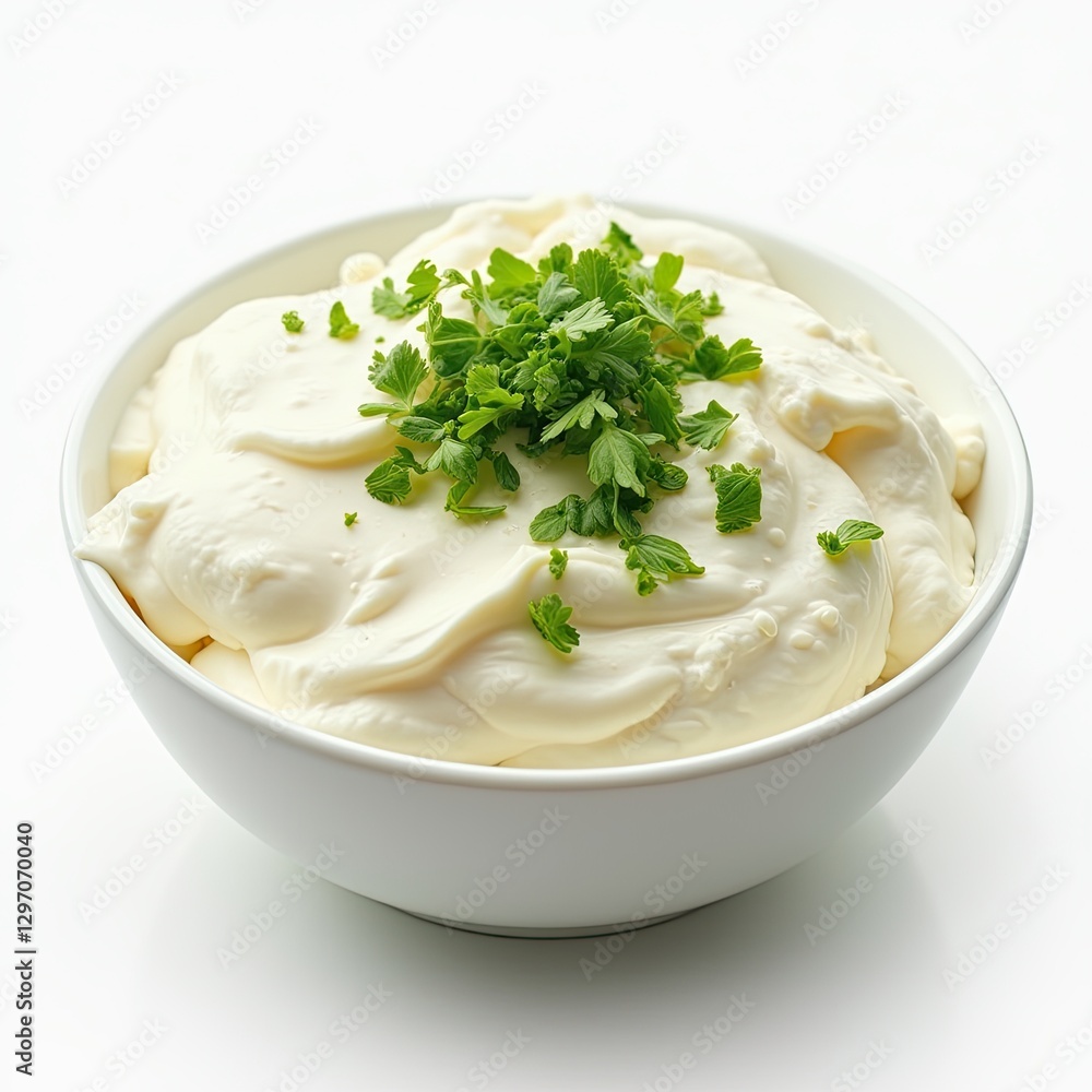 Creamy Delicious Sour Cream in White Bowl with Fresh Herbs Creamy Delicious Sour Cream in White Bowl with Fresh Herbs