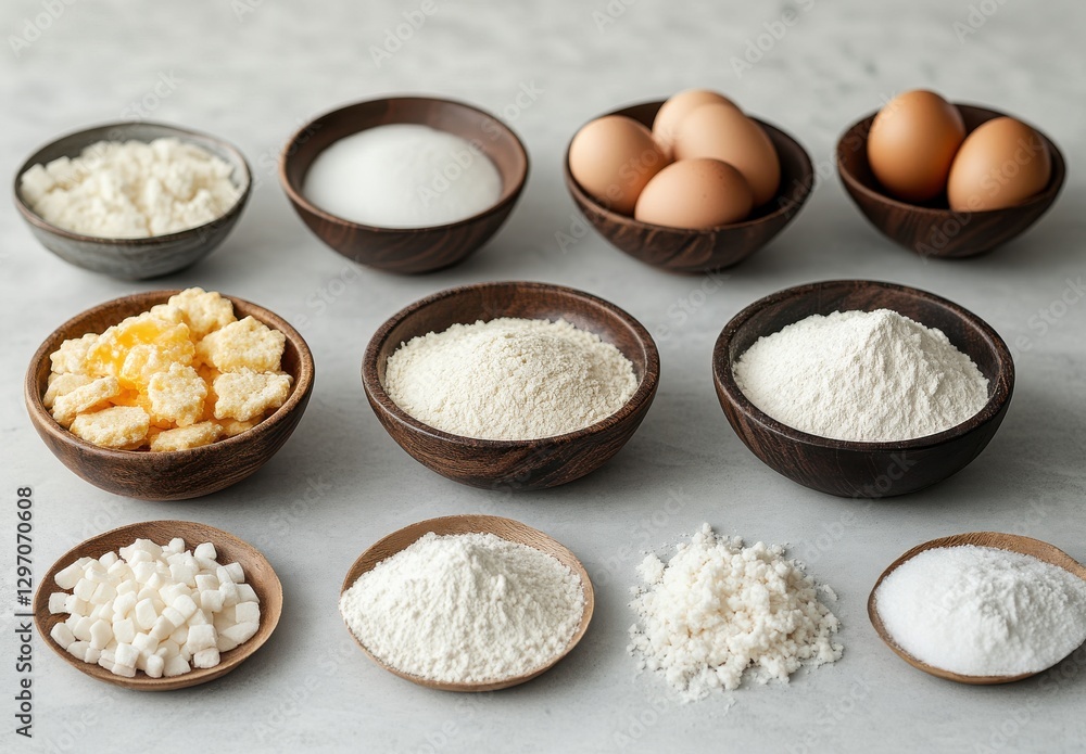 Close-Up View of Various Baking Ingredients Arranged in Wooden Bowls Including Sugar, Flour, Eggs, and Baking Essentials for Culinary Creations Close-Up View of Various Baking Ingredients Arranged in Wooden Bowls Including Sugar, Flour, Eggs, and Baking Essentials for Culinary Creations