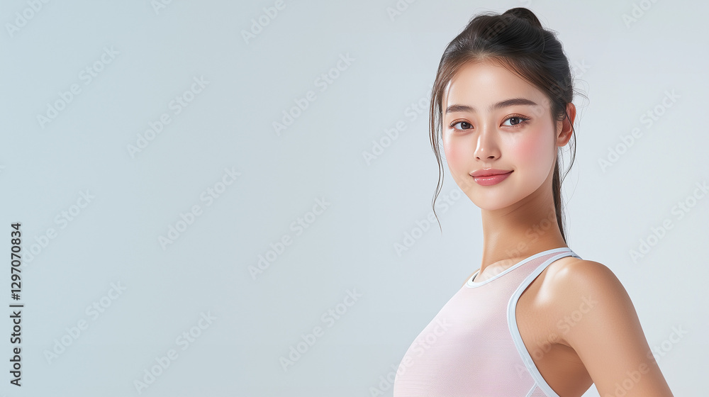 Beautiful Asian Fitness Model with a Radiant Glow in a Minimalist Studio Setting, Wearing a Light Pink Sports Bra, Looking Confident and Serene – Perfect for Wellness and Beauty Concepts Beautiful Asian Fitness Model with a Radiant Glow in a Minimalist Studio Setting, Wearing a Light Pink Sports Bra, Looking Confident and Serene – Perfect for Wellness and Beauty Concepts
