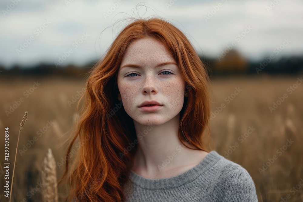 Fototapeta premium Portrait of a redhead fashion model posing in a wheat field, showcasing her freckles and long, flowing hair against a blurred natural background