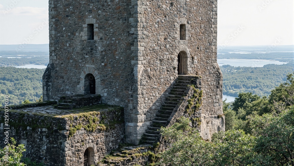 Ancient stone castle tower amidst lush forest mossy walls and spiral staircase with panoramic valley views Ancient stone castle tower amidst lush forest mossy walls and spiral staircase with panoramic valley views