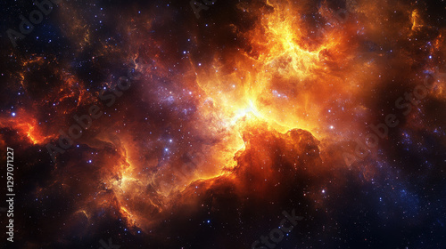 Stunning Fiery Nebula in Deep Space with Clouds of Gas and Twinkling Stars