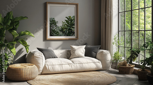 Modern living room with plants and large window