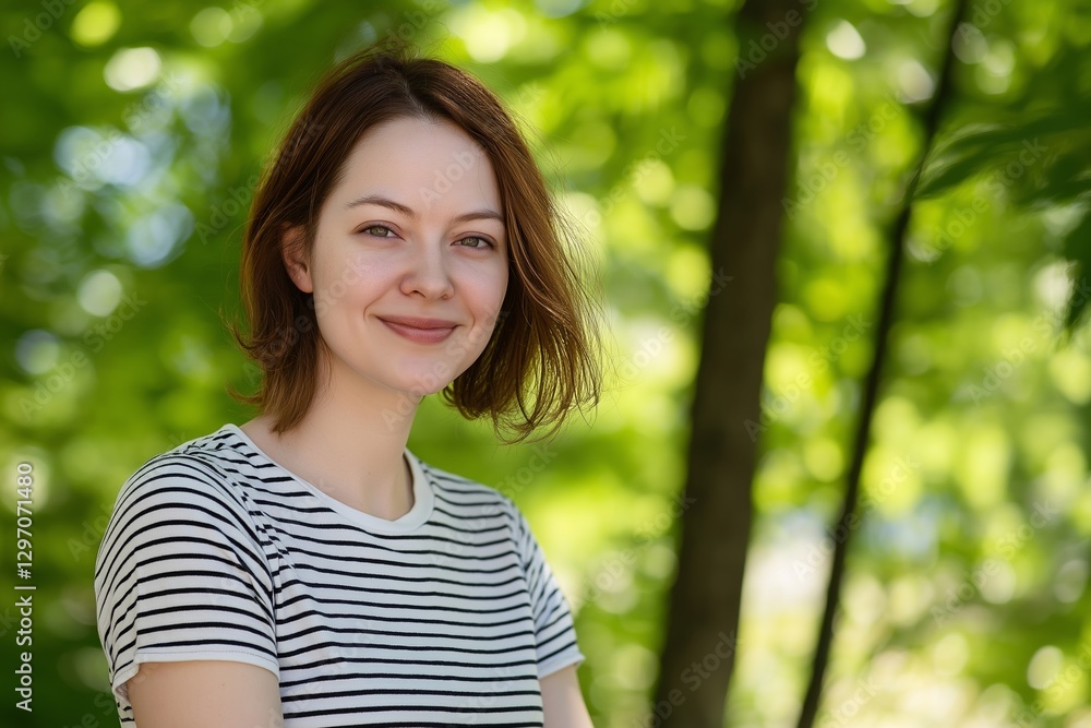 Portrait of a cheerful young woman enjoying the tranquility of a green forest, her smile radiating happiness and contentment amidst the lush natural surroundings Portrait of a cheerful young woman enjoying the tranquility of a green forest, her smile radiating happiness and contentment amidst the lush natural surroundings