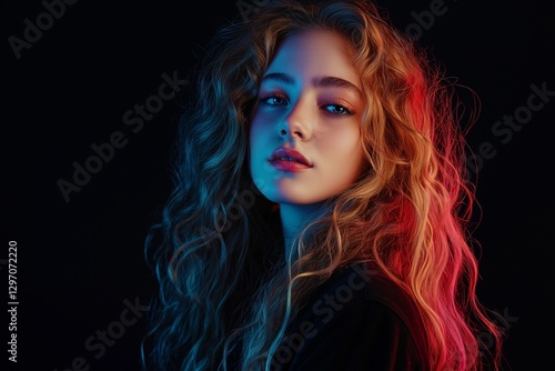 Wallpaper Mural Studio portrait of a young woman with long, curly hair illuminated by blue and red lights, creating a dramatic and fashionable look against a dark background Torontodigital.ca