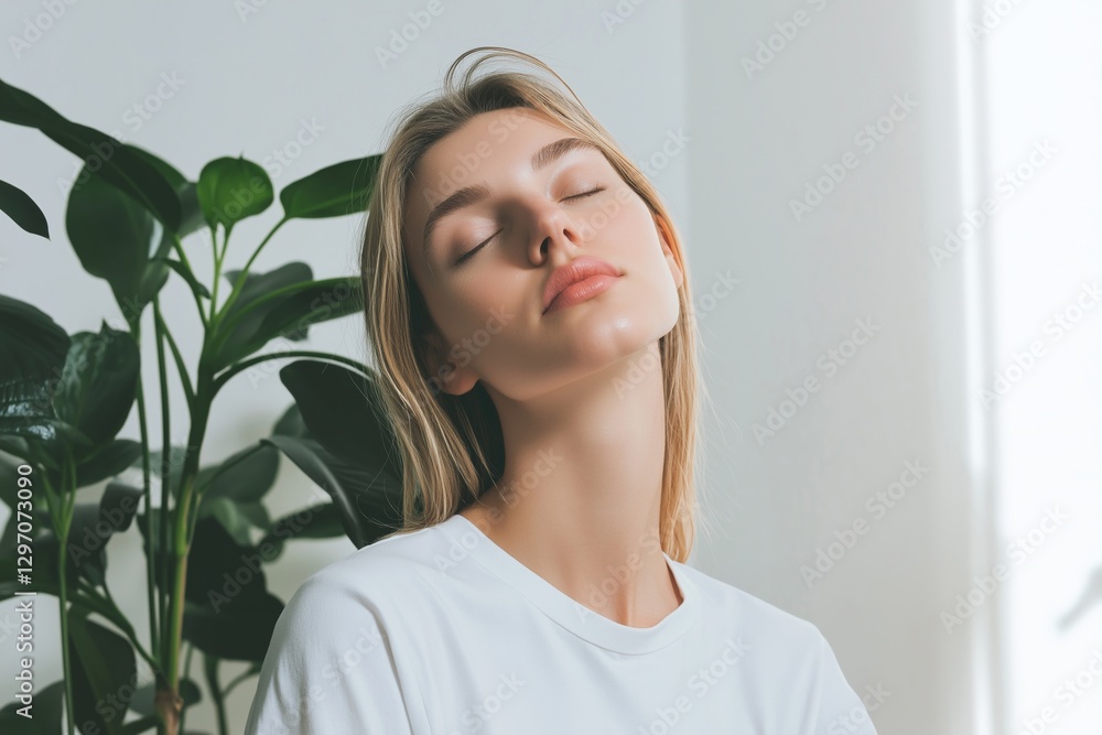 Serene young woman with closed eyes enjoys a moment of tranquility and mindfulness near a lush houseplant, embracing the calming atmosphere of her home Serene young woman with closed eyes enjoys a moment of tranquility and mindfulness near a lush houseplant, embracing the calming atmosphere of her home