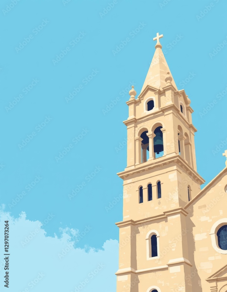 Tall Minimalist Stone Bell Tower with Blue Sky Copy Space Illustration Tall Minimalist Stone Bell Tower with Blue Sky Copy Space Illustration