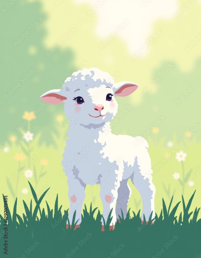 White Toy Lamb on Green Grass, Minimalist Flat Color Illustration, Copyspace White Toy Lamb on Green Grass, Minimalist Flat Color Illustration, Copyspace