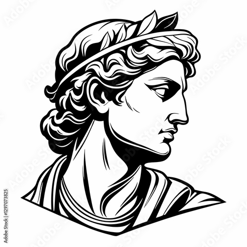 A black and white line drawing of Apollo statue's head, isolated on white background