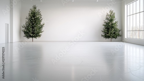 Empty white room, two trees, large window, bright interior, workspace