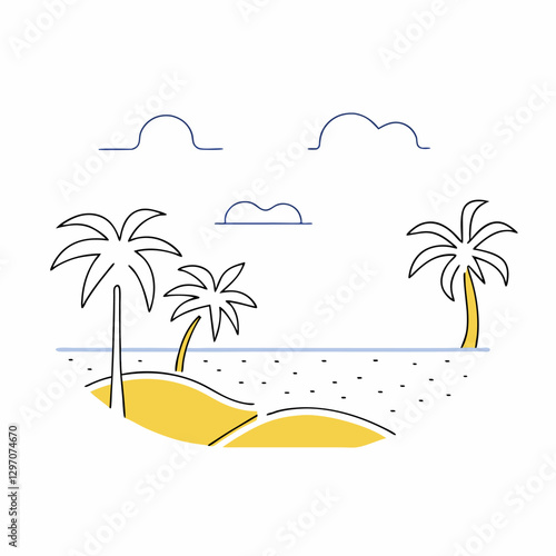 Minimalist Tropical Beach Scene: Palm Trees, Yellow Sand.