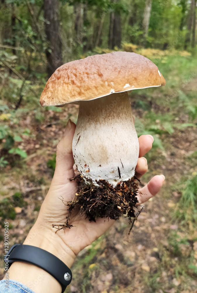 Huge Boletus in my hand. Mushrooms in the fall forest. Boletus Huge Boletus in my hand. Mushrooms in the fall forest. Boletus