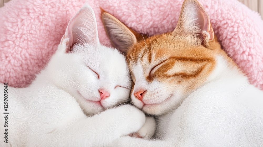 Obraz premium Adorable White and Ginger Kittens Cuddling Together in Cozy Bed