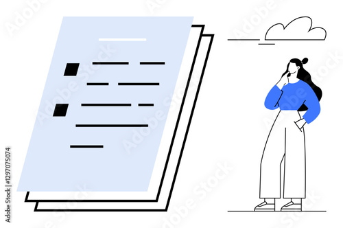 Large document with bullet points and text lines, contemplative woman in blue top and trousers, hand on chin. Ideal for business, education, planning, strategy, organization, productivity