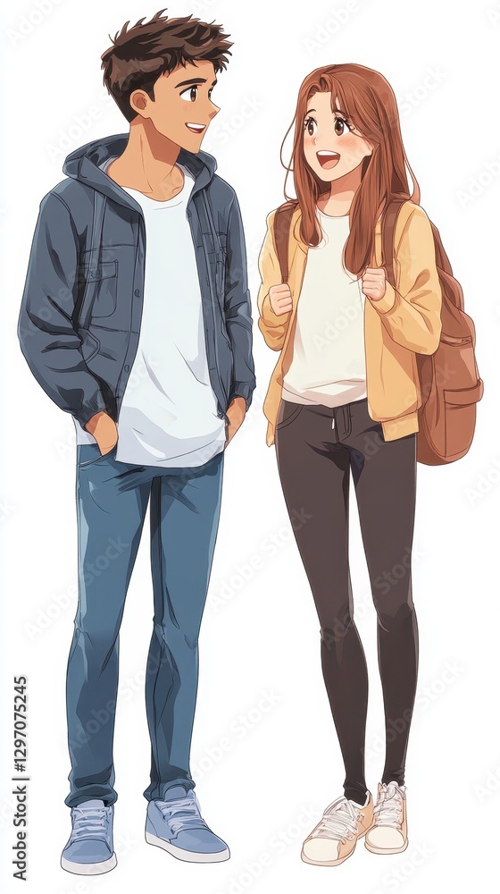 Fototapeta premium A Gentle Gaze: Illustration of a young couple smiling and gazing at each other.