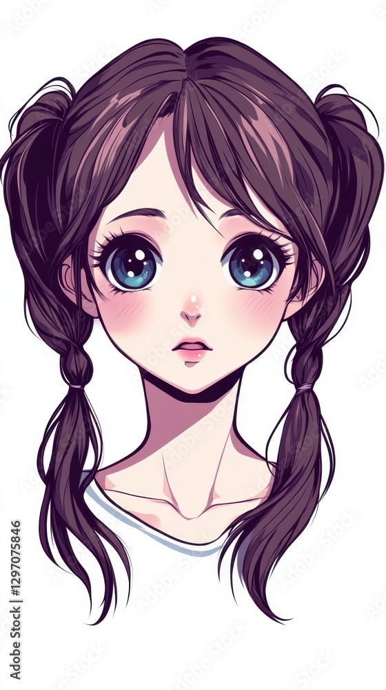 Anime Portrait: This illustration features a captivating anime-style portrait of a young woman with expressive eyes and distinctive pigtails. Her innocent.