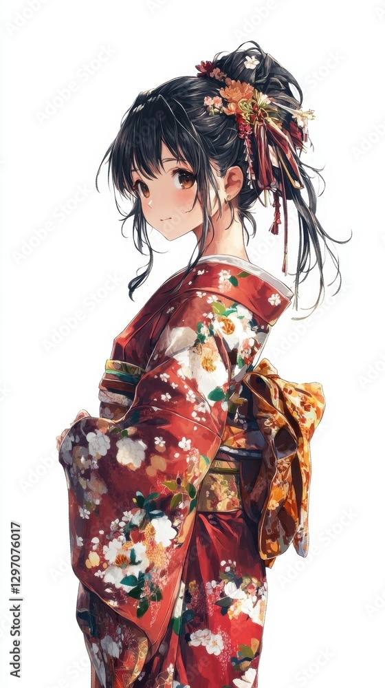 Japanese Beauty in Kimono: A captivating portrait of a beautiful woman adorned in a vibrant red kimono with floral patterns, embodying grace and traditional Japanese elegance. Japanese Beauty in Kimono: A captivating portrait of a beautiful woman adorned in a vibrant red kimono with floral patterns, embodying grace and traditional Japanese elegance.