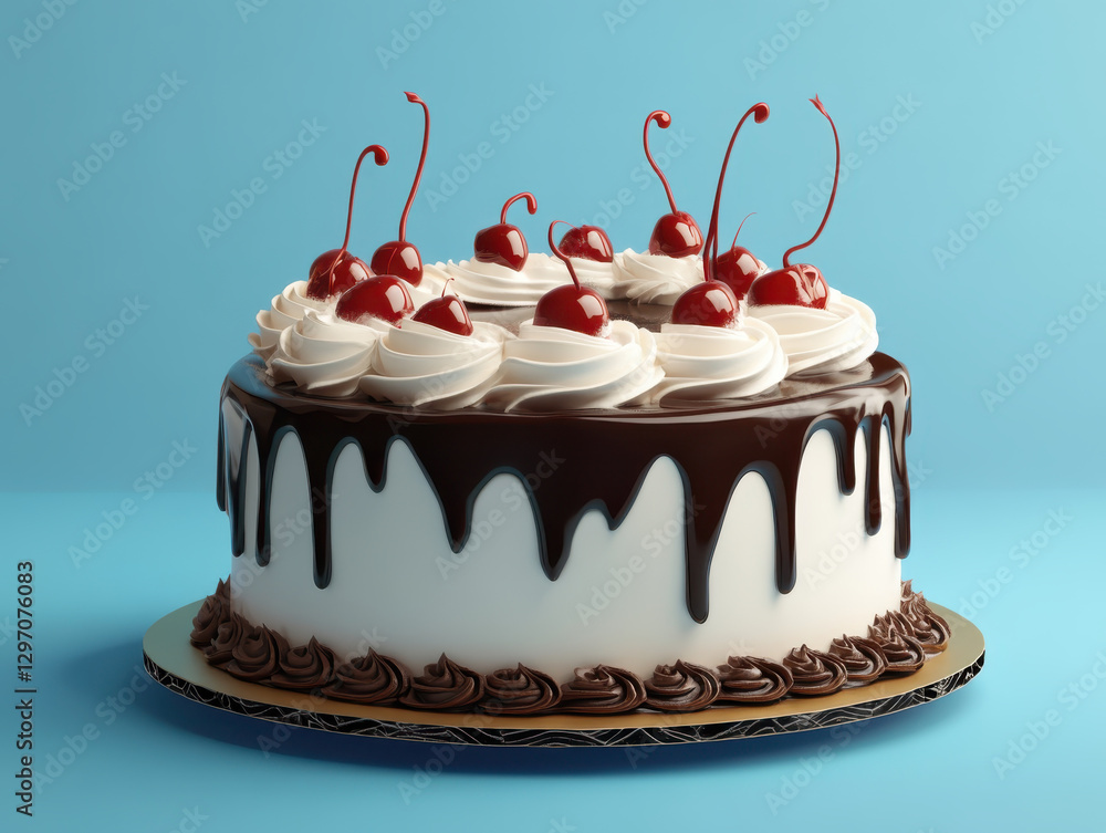 Decadent chocolate cake topped with whipped cream and cherries, perfect for celebrations and special occasions Decadent chocolate cake topped with whipped cream and cherries, perfect for celebrations and special occasions