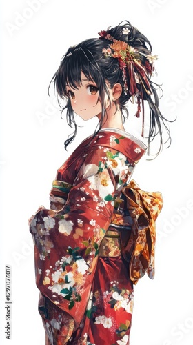 Japanese Beauty in Kimono: A captivating portrait of a beautiful woman adorned in a vibrant red kimono with floral patterns, embodying grace and traditional Japanese elegance.