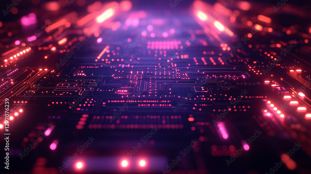 A futuristic circuit board with vibrant neon lights symbolizes advanced technology, innovation, and the digital environment, showcasing the interconnectedness of the modern world A futuristic circuit board with vibrant neon lights symbolizes advanced technology, innovation, and the digital environment, showcasing the interconnectedness of the modern world