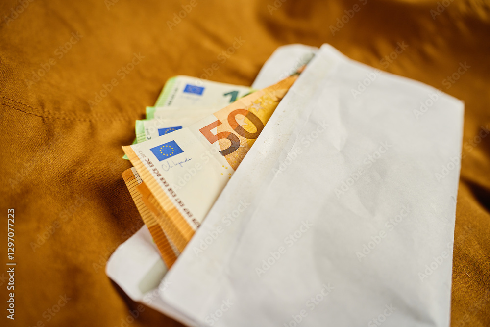 Envelope filled with euro banknotes, top view. Close-up of money cash on brown background. Concept of personal cash savings and wealth accumulation