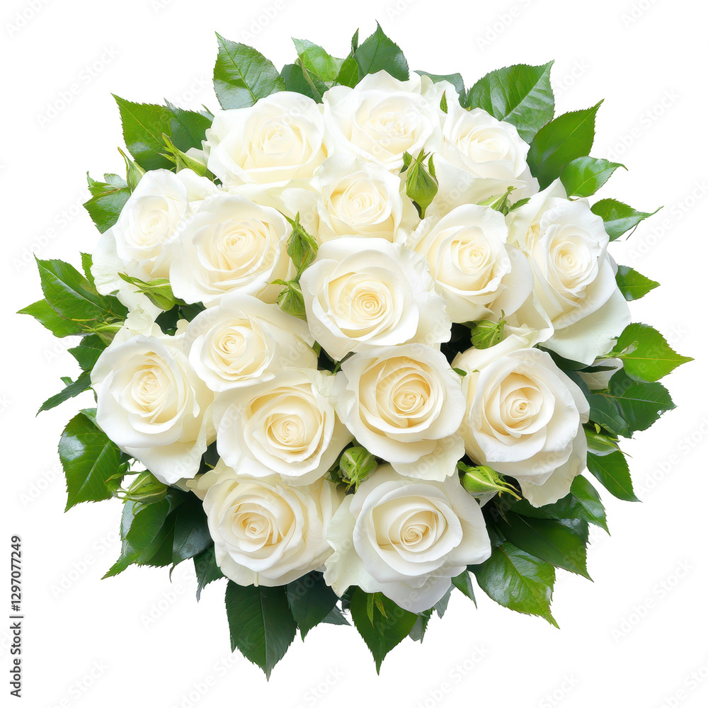 Obraz premium Bouquet of Pure White Roses: A stunning top-down view of a pristine bouquet composed of pure white roses with lush green leaves, symbolizing purity, love, and new beginnings.
