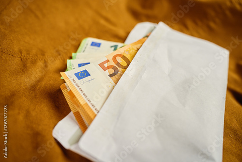 Obraz na płótnie Envelope filled with euro banknotes, top view. Close-up of money cash on brown background. Concept of personal cash savings and wealth accumulation w salonie
