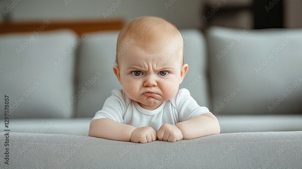 A baby with a furrowed brow and clenched fists, displaying a strong expression of frustration while sitting on a couch. A baby with a furrowed brow and clenched fists, displaying a strong expression of frustration while sitting on a couch.