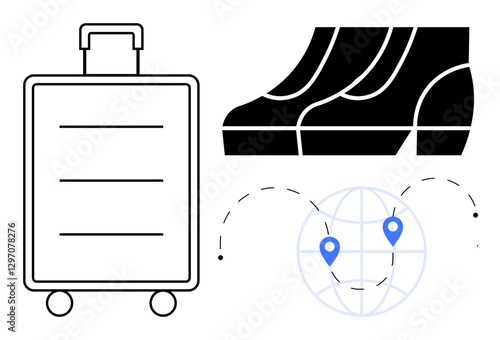Suitcase, pair of shoes, and a globe with location pinpoints. Ideal for travel planning, adventure, global exploration, tourism promotion, packing tips travel gear vacation. Abstract line flat